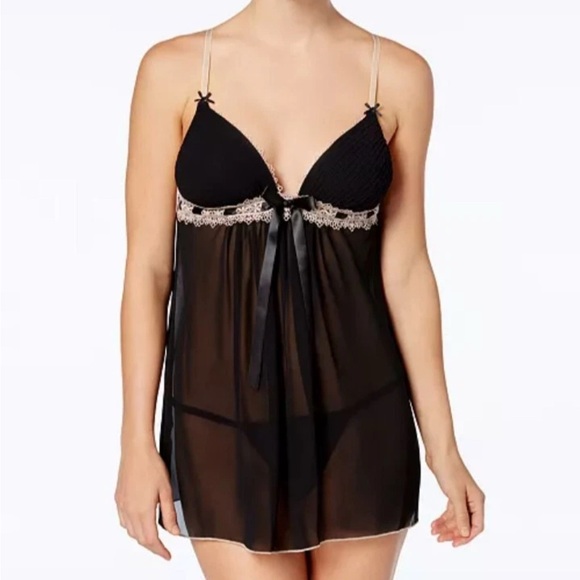 Linea Donatella Black Sheer Chemise with Lace Trim - Picture 1 of 7